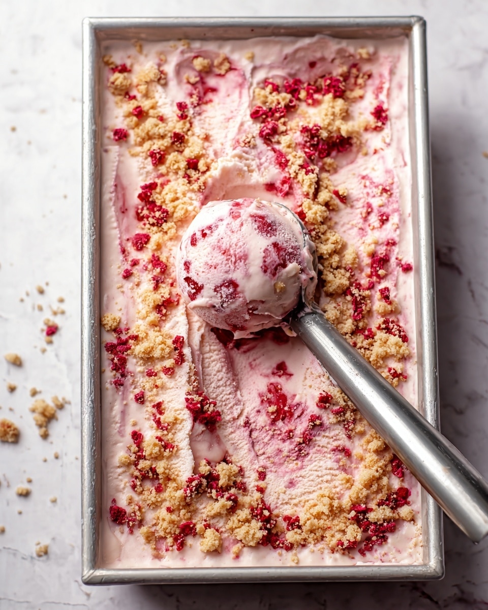 A rectangular metal tray filled with creamy light pink ice cream, scattered with both small and large crumbly beige streusel pieces and bright red crushed fruit bits on the surface. The ice cream has been partially scooped from the middle, showing a soft, creamy texture with swirls of darker pink and white. A silver ice cream scoop rests inside the tray with some ice cream clinging to it. The tray is set on a white marbled textured surface. photo taken with an iphone --ar 4:5 --v 7