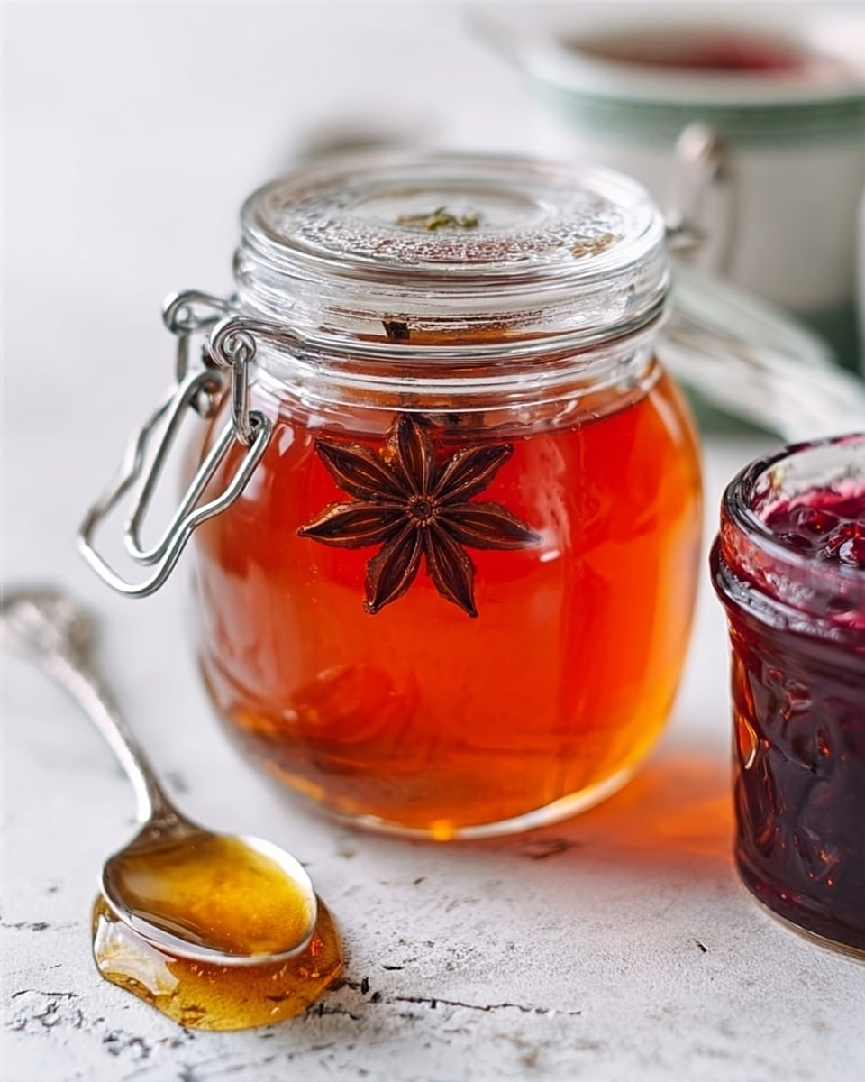 The image shows a clear glass jar filled with amber-colored honey with a visible star anise floating inside near the top. The jar has a metal clasp and is placed on a white marbled textured surface. In front of the jar, there is a silver spoon covered partly with honey, resting on the same surface. To the right side, there is a partial view of another white jar filled with a dark purple jam. The background is softly blurred to keep focus on the honey jar and spoon. Photo taken with an iphone --ar 4:5 --v 7