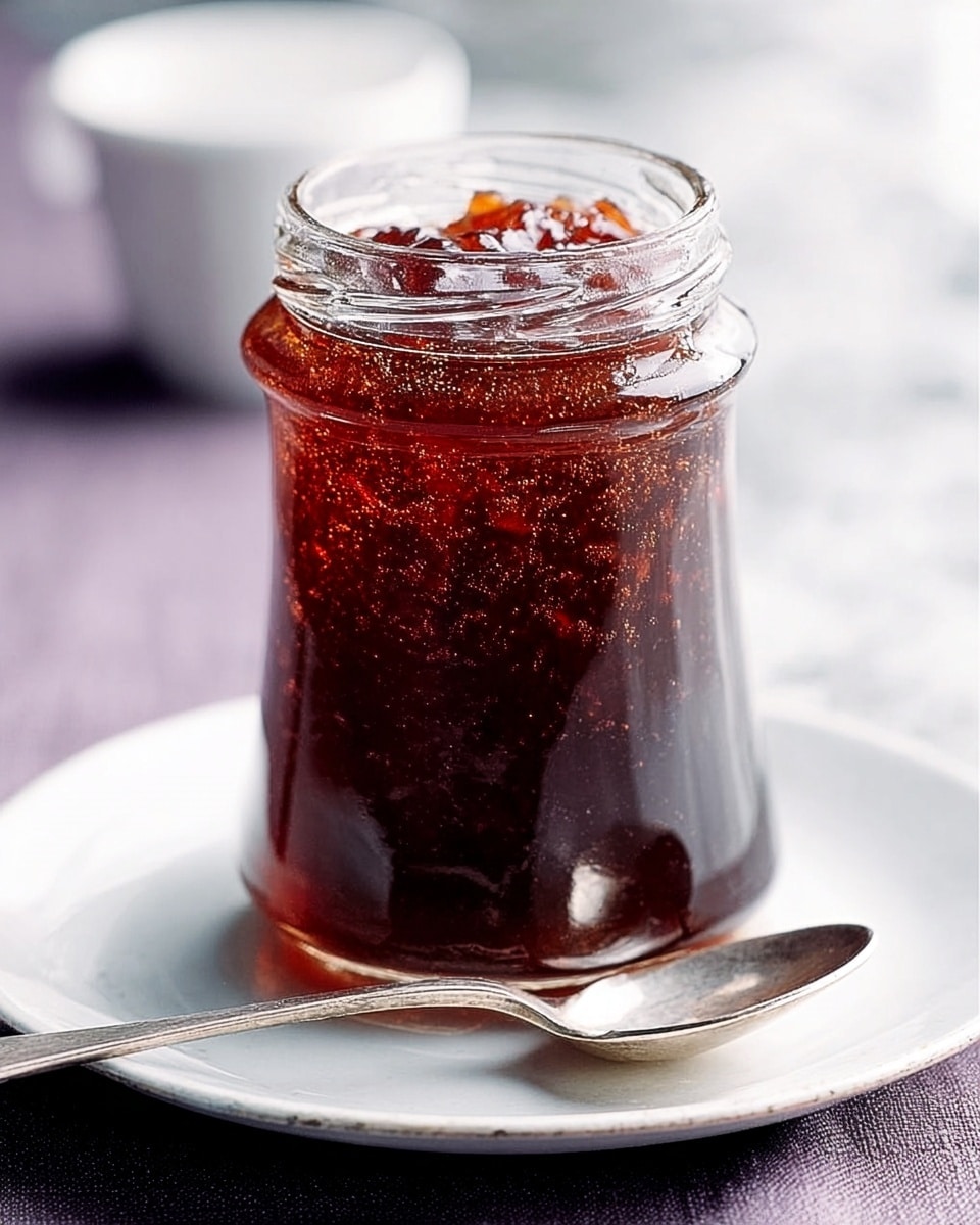 A tall clear glass jar filled nearly to the top with dark reddish-brown jelly that has a shiny, slightly bumpy surface and bits of fruit visible inside. The jar is placed on a white clear glass plate, with a silver spoon resting next to it on the plate. The background shows a soft purple fabric and a blurred white marbled texture surface beneath everything. The lighting gently highlights the jelly’s glossy texture and the glass’s contours. photo taken with an iphone --ar 4:5 --v 7