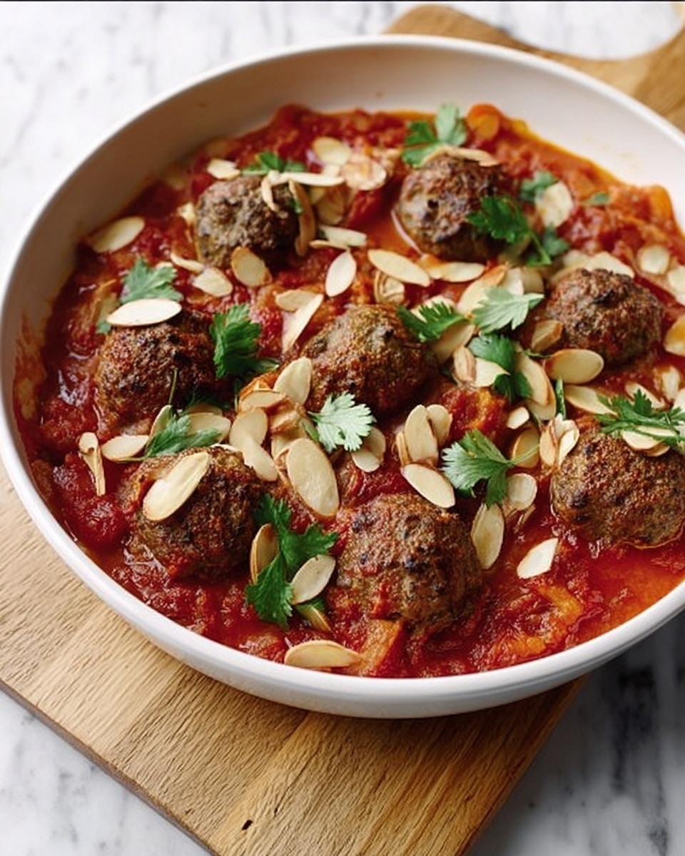 A white round dish filled with a deep red tomato sauce as the base layer, topped with several brown meatballs that have a slightly rough texture and are evenly spaced across the dish. Scattered on top are thin, light tan almond slices and fresh green cilantro leaves, giving a contrast of colors against the red sauce and brown meatballs. The dish is placed on a light wooden board, and the background is a white marbled texture. Photo taken with an iphone --ar 4:5 --v 7