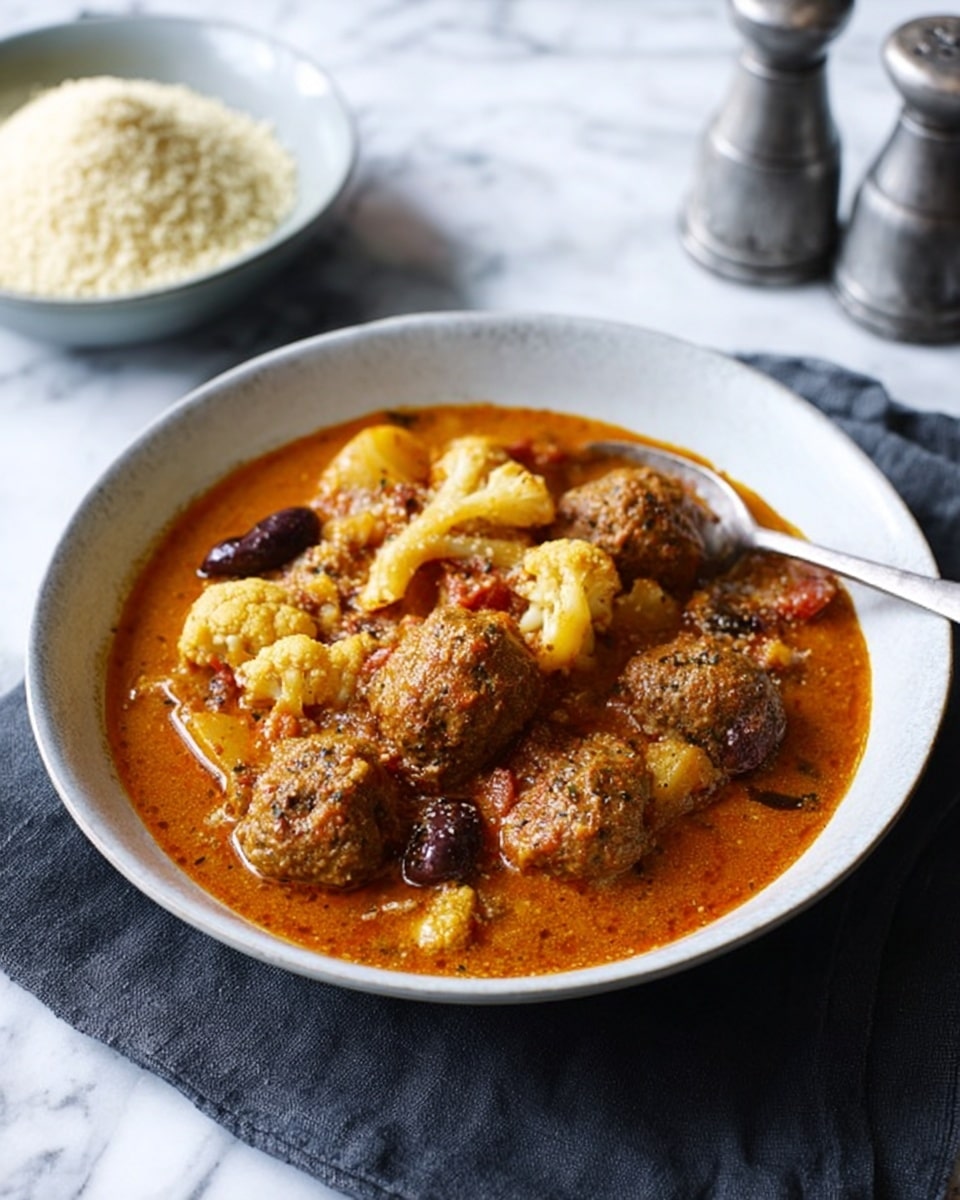 A white stoneware bowl filled with a thick orange-brown stew, with visible meatballs and light yellow cauliflower pieces mixed with small dark olives, all covered in a slightly oily, textured sauce. The bowl rests on a white marbled surface with a dark gray cloth under one side. Next to the bowl on the right is a dark gray spoon. In the background, out of focus, is a white bowl filled with fluffy white rice, and two gray salt and pepper shakers sit to the left behind the main bowl, photo taken with an iphone --ar 4:5 --v 7