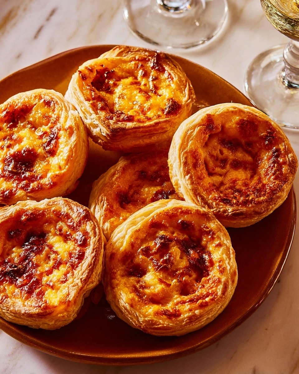 A close-up of six round puff pastries arranged on a brown plate, each pastry having a golden flaky crust with several visible layers. The centers are filled with a rich, orange-red cheese and tomato mixture, slightly browned and bubbly on top. The pastries have a rustic, homemade look with uneven edges and some dark spots where the filling has caramelized. The plate sits on a surface with a white marbled texture, and two clear glasses with drinks are partially visible in the background. photo taken with an iphone --ar 4:5 --v 7