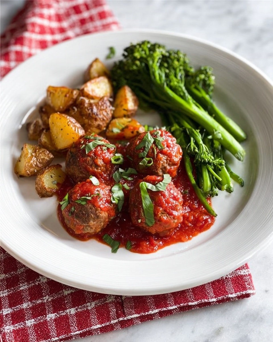 A white deep plate holds three main parts: in the center front, there are six round meatballs covered with shiny red tomato sauce and small green basil leaves on top; to the left side, small, browned, cubed potatoes are stacked in a loose pile, showing a crispy texture; on the right side at the back, a few bright green broccolini stems with a fresh, slightly shiny look are placed. The plate is set on a white marbled surface with a red checkered cloth nearby. photo taken with an iphone --ar 4:5 --v 7