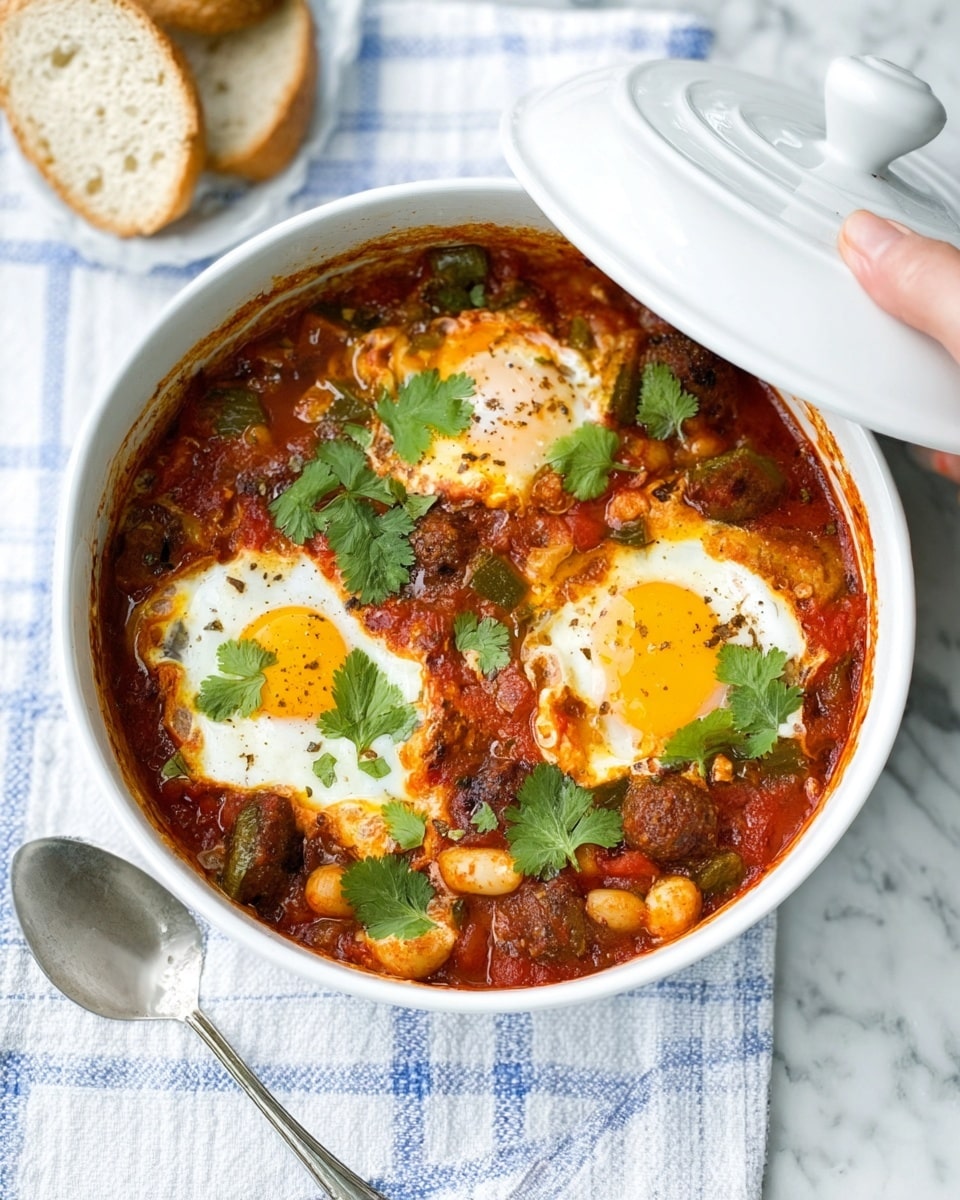 A white bowl filled with a stew-like dish has three visible eggs cooked sunny-side up, with bright yellow yolks and whites partially covered in a rich red tomato sauce mixed with brown meat chunks and some visible vegetables such as green peppers and white beans. Fresh green cilantro leaves are scattered on top, adding a fresh touch. The bowl is partly covered by a white lid held by a woman's hand. The bowl sits on a white cloth napkin with blue checkered pattern placed on a white marbled surface. Next to the bowl is a silver spoon and two pieces of light brown bread. Photo taken with an iphone --ar 4:5 --v 7