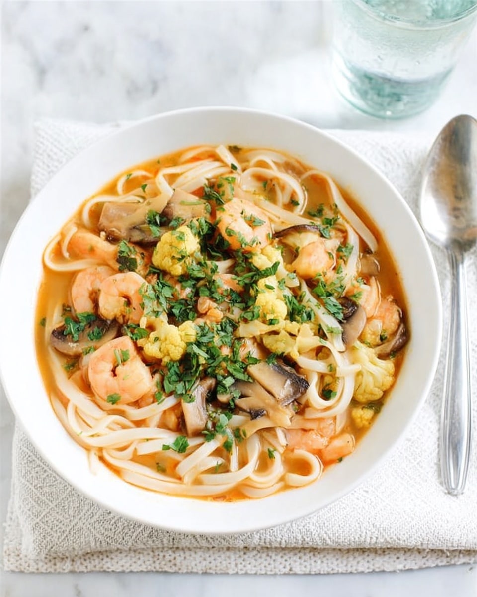 A white bowl filled with a light orange broth containing thick white noodles, small yellow cauliflower pieces, light pink shrimp, and brown mushrooms, all topped with chopped green herbs. The bowl is placed on a white cloth on a white marbled surface, with a fork and spoon set resting near it and a clear glass of water in the background. photo taken with an iphone --ar 4:5 --v 7