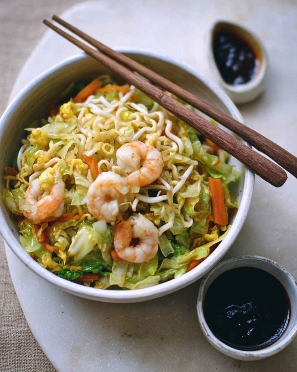 A bowl of stir-fried noodles with shrimp and mixed vegetables sits on a white marbled surface. The bowl is white and filled with three main layers: the bottom layer has light yellow noodles with a soft texture, the middle layer consists of green cabbage pieces and small orange carrot slices, and the top layer has small pink shrimp and bean sprouts scattered throughout. A pair of wooden chopsticks resting on the bowl’s edge add a natural touch. Next to the bowl is a small white bowl filled with dark brown dipping sauce. photo taken with an iphone --ar 4:5 --v 7