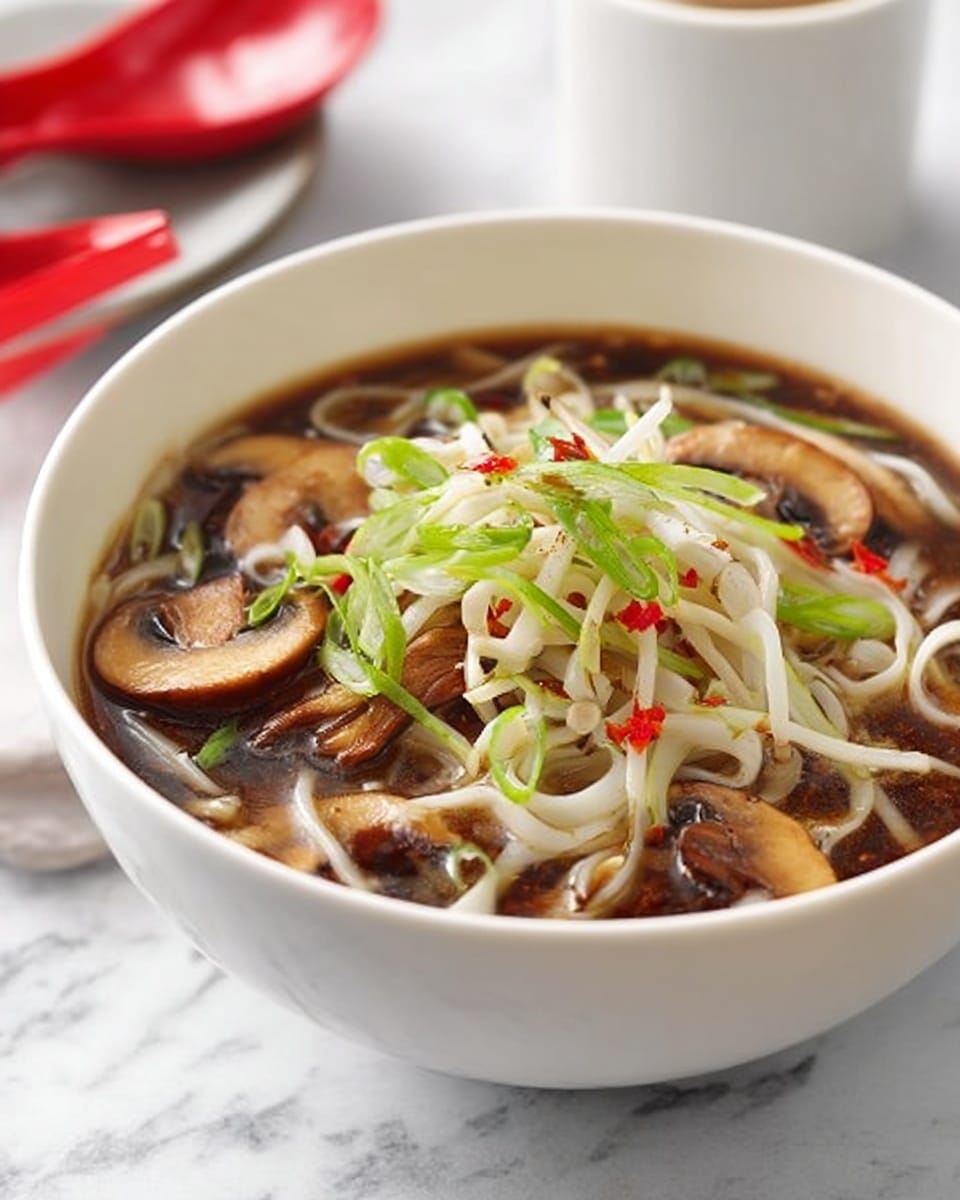 A white round bowl filled with dark brown broth as the base layer, topped with light beige flat noodles floating throughout. On top of the noodles are thin slices of cooked mushrooms in a light brown shade, and scattered green onion slices adding a fresh green color and thin white strips resembling bean sprouts. The broth surface has small red chili pieces, adding a pop of color. The bowl sits on a white marbled surface with a blurred white cup and red utensils in the background. photo taken with an iphone --ar 4:5 --v 7