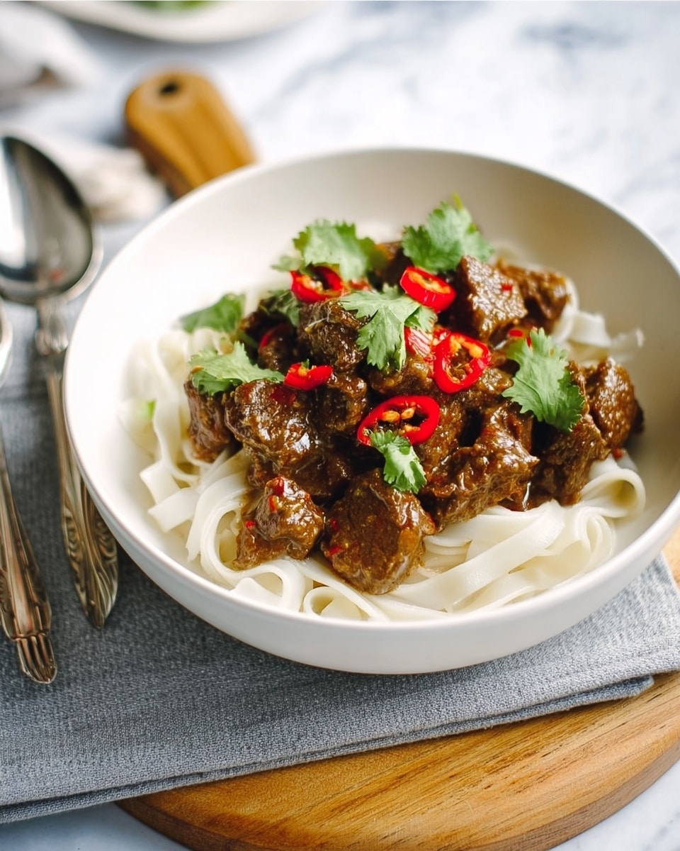 A white bowl filled with soft white rice noodles at the bottom, topped with chunks of dark brown beef coated in a glossy sauce. Bright green cilantro leaves and thin red chili slices are scattered on top, adding fresh and spicy colors. The bowl rests on a white marbled surface with two metal forks and a knife beside it on a wooden tray with a white cloth beneath. Photo taken with an iphone --ar 4:5 --v 7