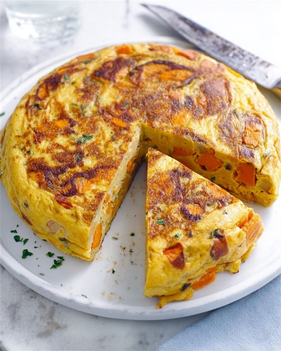 A thick round Spanish omelette with a golden-brown top and visible chunks of orange sweet potatoes and small green herbs scattered inside. One slice is cut out, showing two main layers: a dense yellow egg mixture layer with soft sweet potato pieces embedded in it. The omelette sits on a white plate placed on a white marbled surface with a vintage knife resting next to it. Photo taken with an iphone --ar 4:5 --v 7