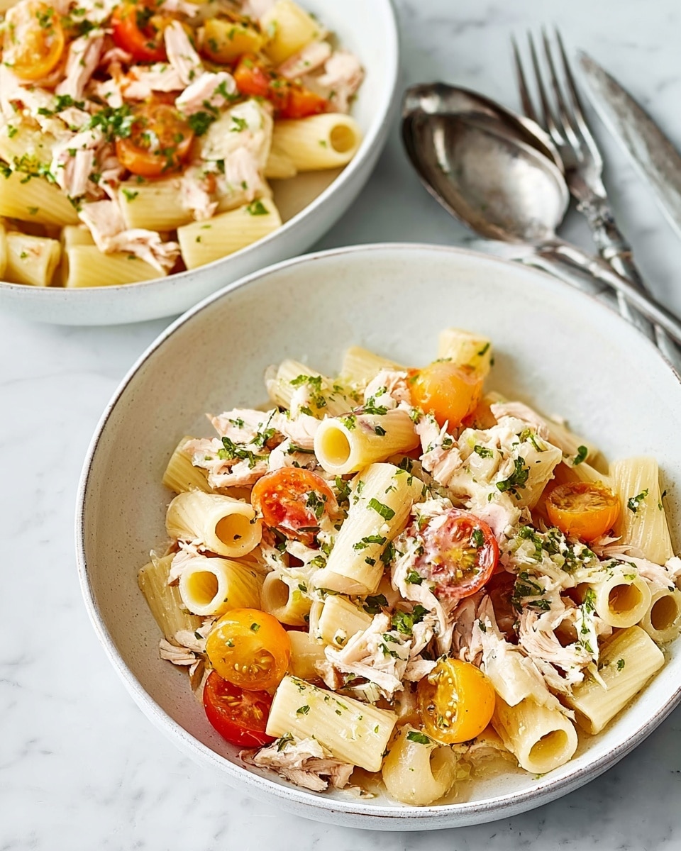 Two white bowls filled with short tubular pasta layered with small pieces of cooked chicken, halved cherry tomatoes in red and orange shades, and finely chopped green herbs sprinkled on top. The pasta looks soft and creamy with some light sauce coating, while the tomato pieces add bright color and fresh texture. The bowls are placed on a white marbled surface with two silver forks nearby, creating a clean and simple setting. One bowl is closer and more in focus, showing more detail of the pasta layers and ingredients. Photo taken with an iphone --ar 4:5 --v 7