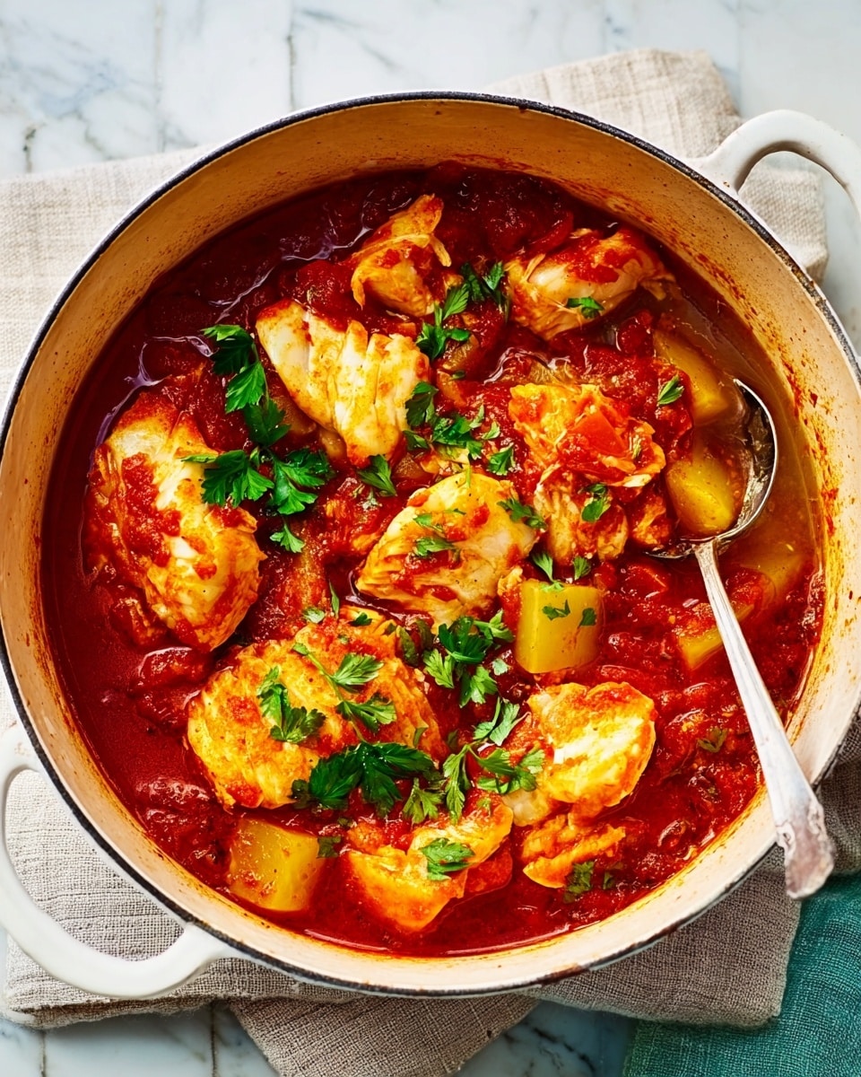 A white round pot filled with cooked fish pieces in thick red tomato sauce, layered with chunks of white fish, golden-yellow ingredients that look like potatoes or squash, and green fresh parsley leaves scattered on top. A large silver spoon is placed inside the pot on the right side. The pot is sitting on a light-colored cloth on a white marbled surface. photo taken with an iphone --ar 4:5 --v 7