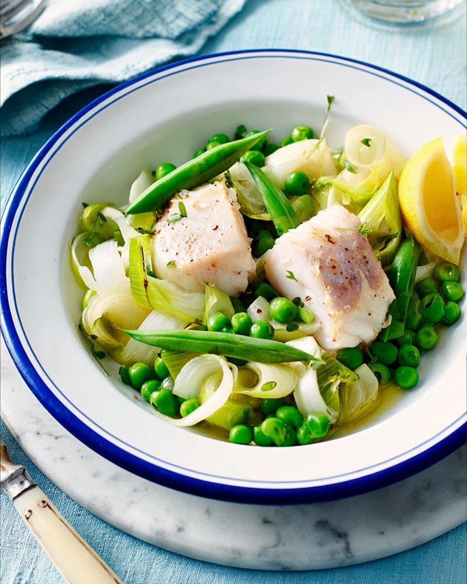 The dish is served in a white bowl with a blue rim, placed on a white marbled surface. It has three main layers: at the bottom there are bright green peas and green beans scattered evenly. On top, there are two pieces of light pink fish fillets with a slight sear, and around them, slices of light green and white leeks. A lemon wedge with a bright yellow peel sits on one side of the bowl, partly resting on the vegetables. The colors contrast nicely with the white bowl and the soft blue tablecloth underneath, while a silver fork with a cream handle is placed nearby. photo taken with an iphone --ar 4:5 --v 7