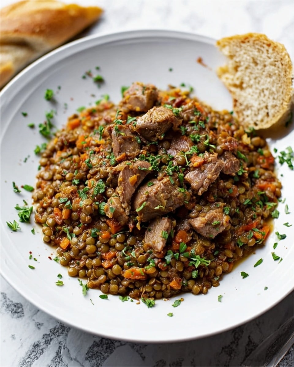 A white plate holds a dish with two main layers: the bottom layer is a mix of small green-brown lentils and bits of cooked carrots, creating a rough textured base with a mix of brown and orange colors; the top layer consists of pieces of cooked liver or meat, brown and tender looking, scattered evenly over the lentils. Some green chopped herbs are sprinkled on top and around the plate edge for color contrast. A torn piece of light brown bread sits to the right of the plate. All is set on a white marbled textured surface. photo taken with an iphone --ar 4:5 --v 7