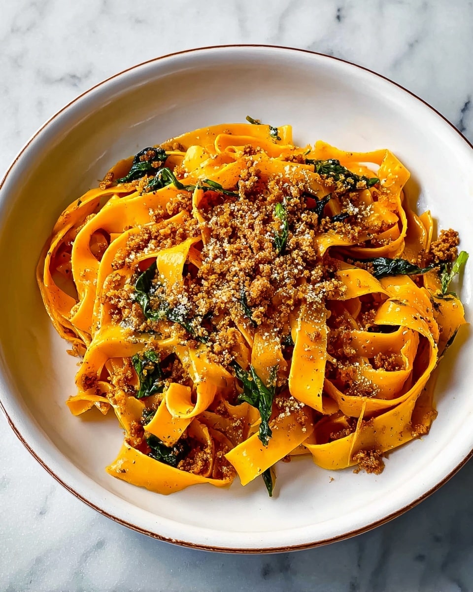 A white bowl filled with a single layer of wide, flat orange pasta ribbons mixed with dark green leafy herbs scattered throughout. The pasta has a glossy texture with some rough-looking crumbled beige-brown topping sprinkled mainly in the center, adding contrast. The bowl is set on a white marbled surface, highlighting the rich colors of the pasta dish. photo taken with an iphone --ar 4:5 --v 7
