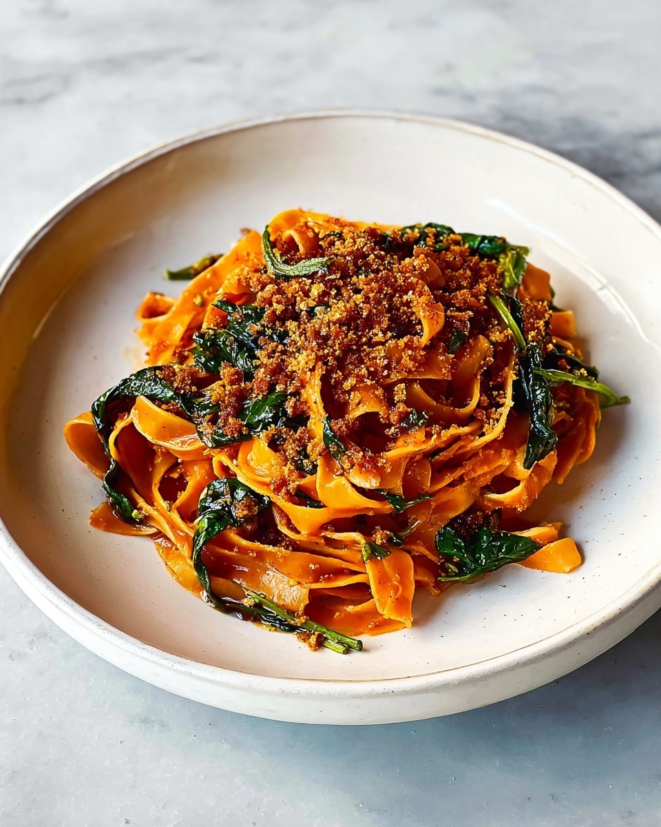 A white round plate holds a serving of wide orange pasta noodles mixed with dark green leafy vegetables, layered in one main pile with a slightly uneven texture. On top, light brown crumbly bits are sprinkled in the center, adding texture contrast. The pasta strands are twisted and intertwined, showing a glossy finish from the sauce. The dish sits on a flat white marbled surface. Photo taken with an iphone --ar 4:5 --v 7