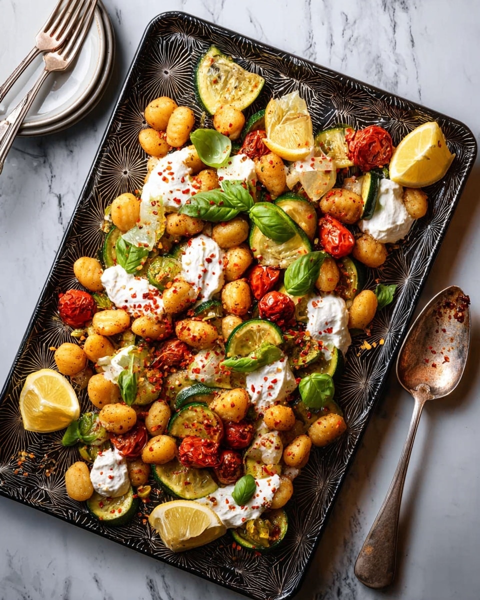 The dish is served on a rectangular black tray with a decorative pattern, containing several layers. The base layer consists of small, round gnocchi pieces that are light golden brown. Scattered among the gnocchi are slices of green zucchini and halved roasted cherry tomatoes in red. On top of this base, dollops of white creamy sauce are placed evenly across the tray, sprinkled with red chili flakes. Fresh green basil leaves are spread over the entire dish for a pop of color. In the corners and edges, there are bright yellow lemon wedges adding freshness. A metal serving spoon with a worn handle rests on the right side of the tray. The tray is set on a white marbled surface, with a white plate and forks visible to the left. photo taken with an iphone --ar 4:5 --v 7