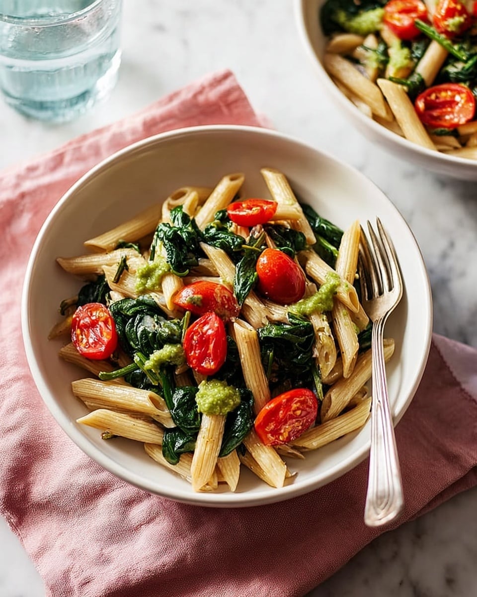 The image shows a white bowl filled with three main layers: the bottom layer is light beige penne pasta, the middle layer is dark green cooked spinach leaves, and the top layer has bright red halved cherry tomatoes scattered around with small dollops of green pesto sauce on them. There is a silver fork next to the bowl lying on a soft pink cloth, and a clear glass of water is partially visible behind the bowl, all placed on a white marbled surface. Another white bowl with the same dish is partially visible on the right side. Photo taken with an iphone --ar 4:5 --v 7