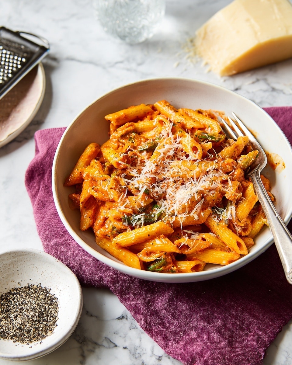 A white bowl filled with penne pasta coated in a creamy orange-red sauce with small green vegetable pieces mixed in, topped with a sprinkling of grated pale yellow cheese and cracked black pepper. A silver fork rests inside the bowl on the right side. The bowl is sitting on a purple cloth on a white marbled surface, with a small white dish containing cracked black pepper and salt placed in front of it to the right, and a block of hard cheese alongside a metal grater to the left. Photo taken with an iphone --ar 4:5 --v 7