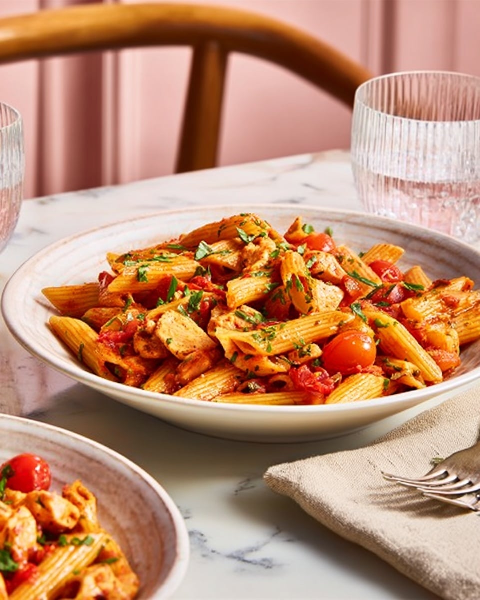 A white bowl filled with ridged penne pasta coated in a red tomato sauce, mixed with small chunks of grilled chicken and halved cherry tomatoes, all sprinkled with green chopped herbs on top. The bowl is placed on a white marbled surface with a beige cloth napkin to the side, and part of another bowl with the same pasta is visible in the bottom left corner. Two clear ribbed glasses of water sit nearby, with a soft pink background and wooden chair back slightly out of focus behind. Photo taken with an iphone --ar 4:5 --v 7