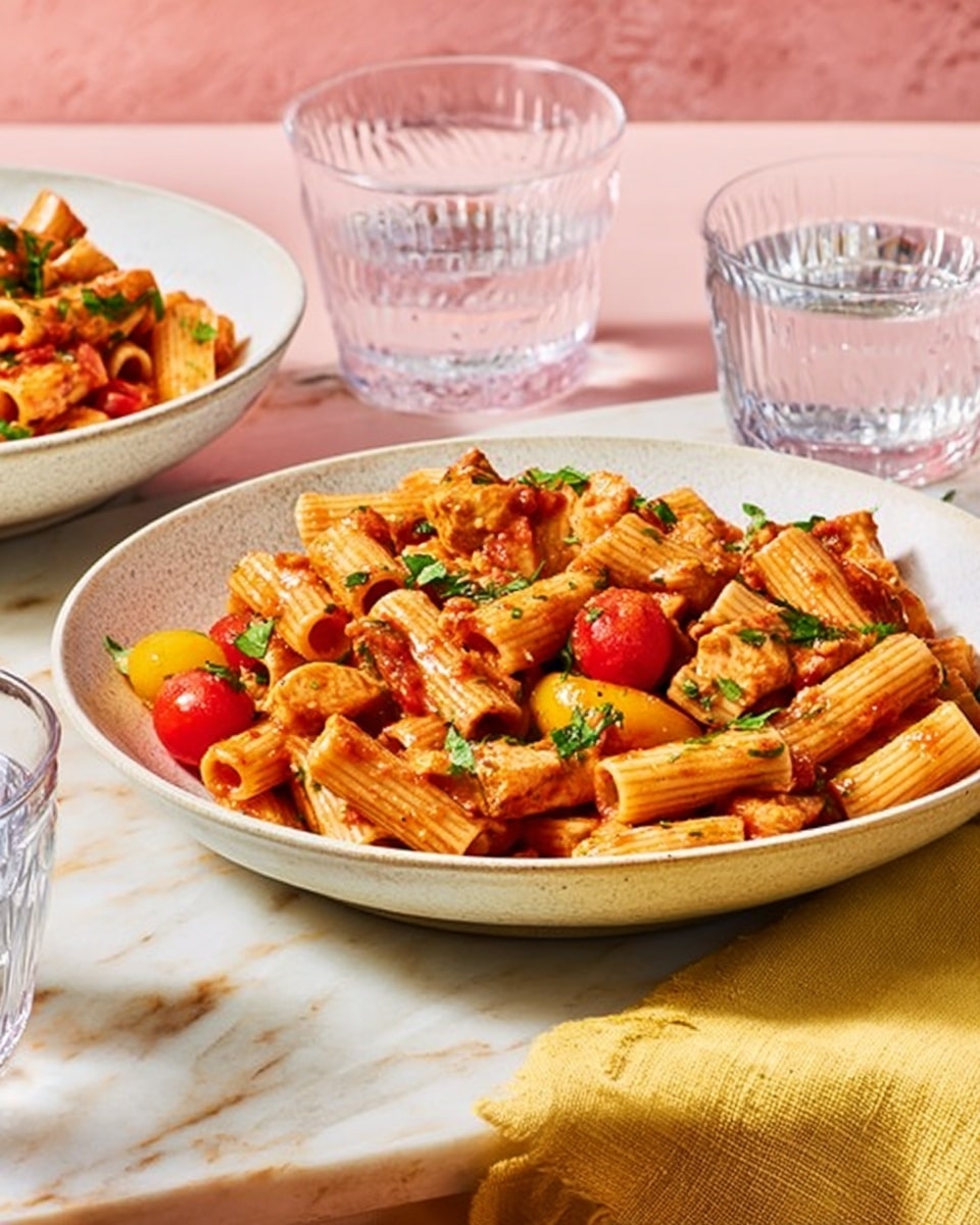 A white shallow bowl filled with rigatoni pasta covered in a red tomato sauce. The pasta is mixed with pieces of chicken, small cherry tomatoes, and sprinkled with fresh green herbs. The bowl is placed on a white marbled surface with a soft pink background. Next to the bowl are two clear glasses with water and part of another white shallow bowl with the same pasta dish is shown. A yellow cloth napkin is partially visible behind the main bowl. Photo taken with an iphone --ar 4:5 --v 7