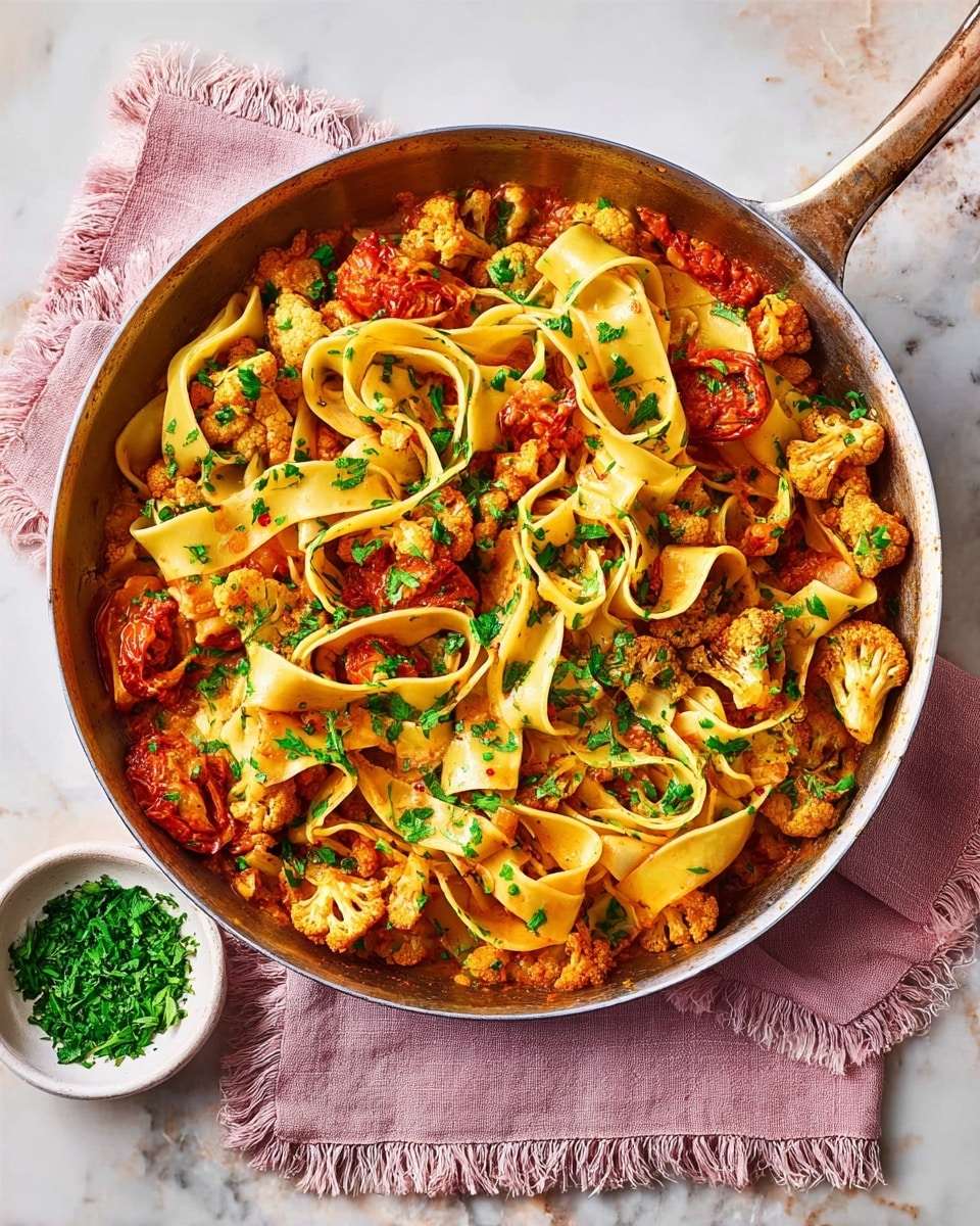 A large pan filled with wide, flat pasta ribbons mixed with small cauliflower florets and chunks of red tomatoes. The pasta is yellowish with a slightly oily texture, twisted and layered unevenly, covering the pan surface. Scattered green herbs add a fresh touch on top of the pasta. The pan handle is rustic and dark, resting on a soft, fringed, pinkish cloth over a white marbled surface. Next to the pan is a small white bowl filled with bright green chopped herbs. The colors are warm and vibrant, showing a fresh and well-cooked meal. photo taken with an iphone --ar 4:5 --v 7