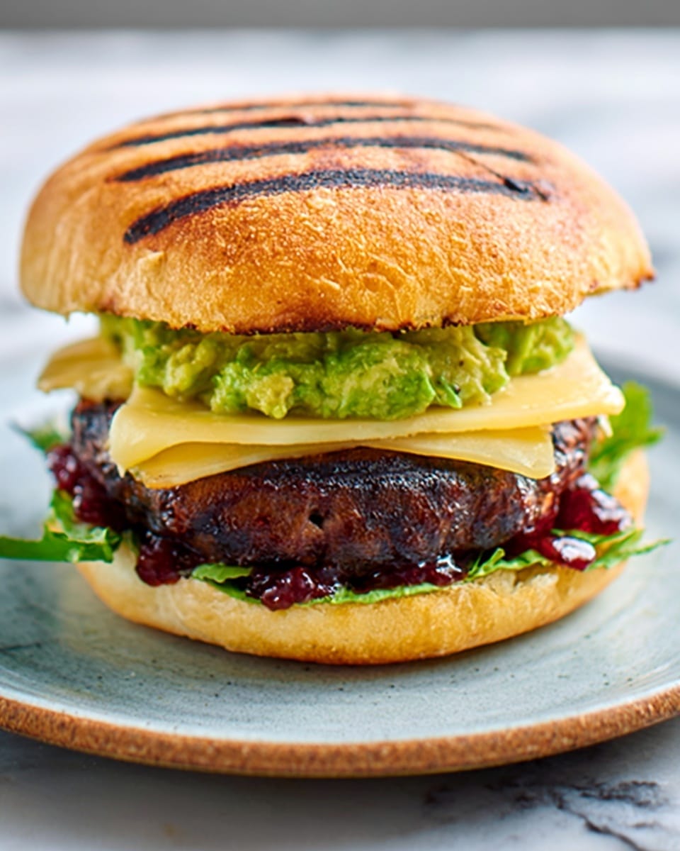 A grilled sandwich with a soft, lightly toasted round bun showing dark grill marks on top. The sandwich is layered with dark green lettuce sitting on the bottom bun, followed by a thick, juicy dark brown patty. On top of the patty is a slice of pale yellow cheese, and above that is a layer of chunky green guacamole. There are small amounts of reddish jam or sauce spread on both the top and bottom inside surfaces of the bun. The sandwich sits on a white plate with a slightly raised edge, placed on a white marbled surface. photo taken with an iphone --ar 4:5 --v 7