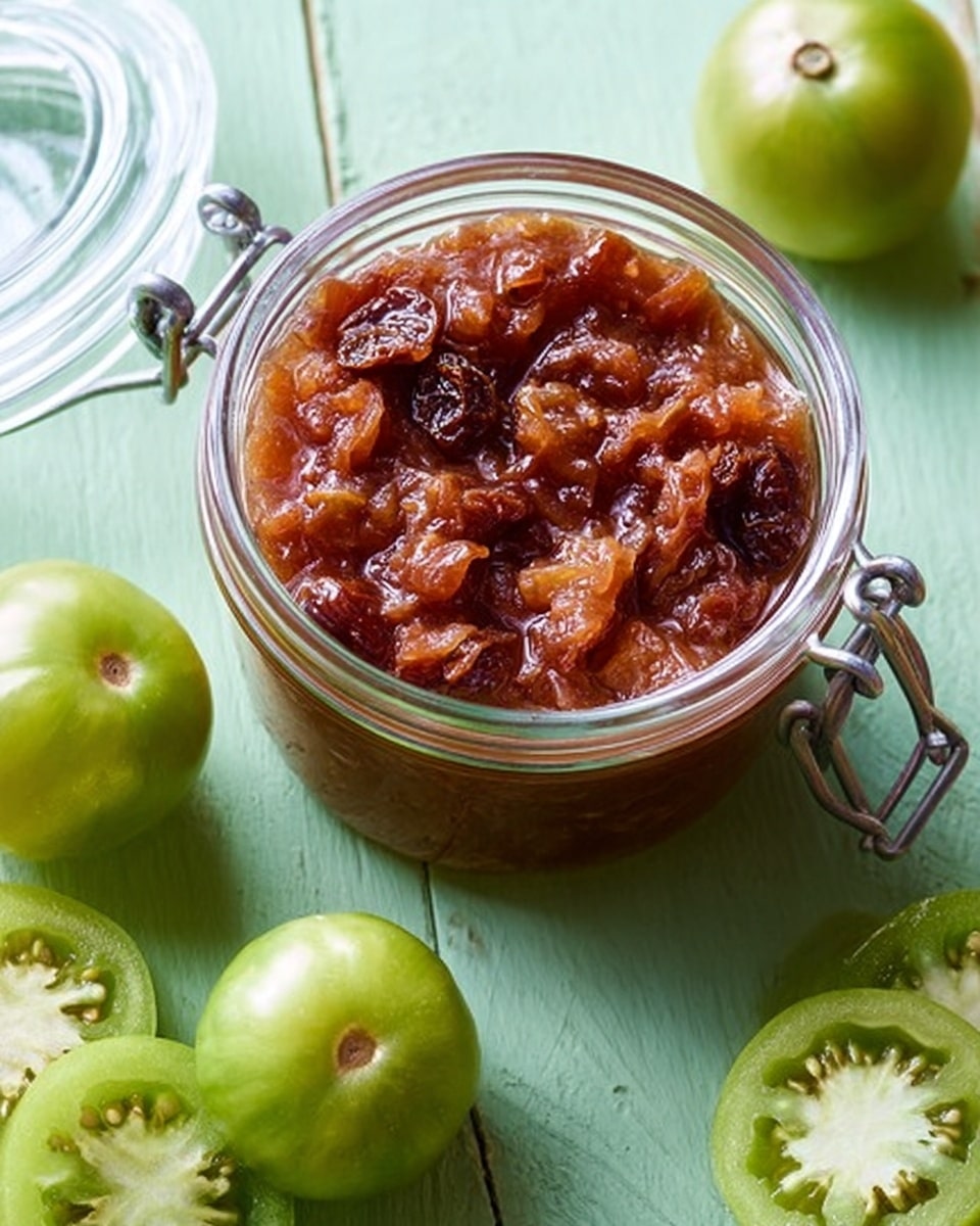 A close-up view of a glass jar filled with chunky, reddish-brown chutney showing visible pieces of fruit and raisins, with the jar open and its metal latch resting on the side. The jar sits on a light green wooden surface alongside whole and sliced green tomatoes, the slices revealing a juicy pale green interior with seeds. The scene is simple and bright with natural light, emphasizing the texture of the chutney and freshness of the tomatoes. Photo taken with an iphone --ar 4:5 --v 7