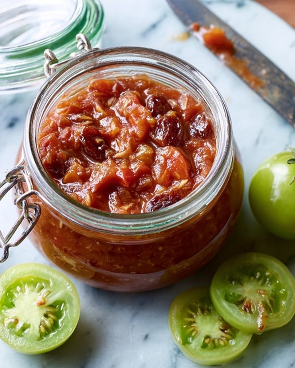 A clear glass jar with a metal clasp is open, showing a chunky reddish-brown sauce inside filled with visible pieces of cooked tomatoes and raisins. The jar is placed on a white marbled surface with a few whole and sliced green tomatoes nearby; the sliced tomatoes reveal their light green flesh and seeds. A silver knife with some sauce on its blade lies at the top right corner. Photo taken with an iphone --ar 4:5 --v 7