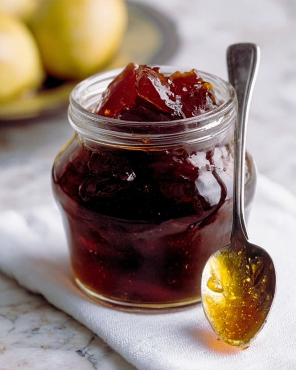 A small clear glass jar filled with a dark reddish-brown chunky jelly or jam, with thick pieces visible inside. A silver spoon leaning against the jar is coated with a golden-yellow sticky substance. The jar sits on a white cloth over a table with a white marbled texture. In the blurred background, there are pale yellow round objects, possibly fruit. photo taken with an iphone --ar 4:5 --v 7