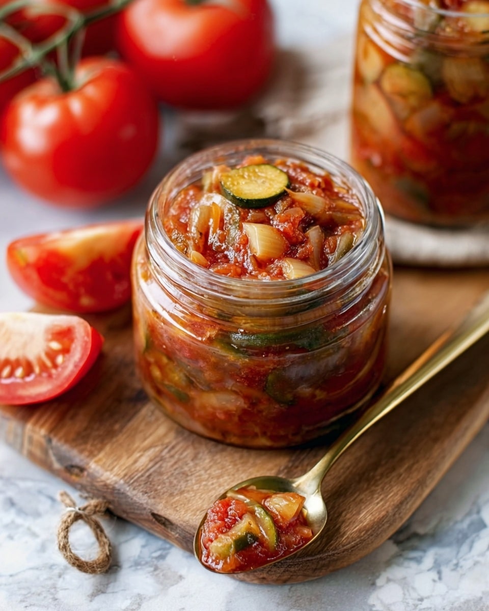 A small glass jar filled with a chunky vegetable mix showing layers of red tomato sauce, green zucchini slices, and light-colored onion pieces. The jar sits on a wooden board along with a halved red tomato and a golden spoon with some sauce on it. In the background, whole red tomatoes and another jar with similar contents are slightly out of focus, all placed on a white marbled surface. The colors are rich and natural, and the scene looks fresh and inviting. photo taken with an iphone --ar 4:5 --v 7