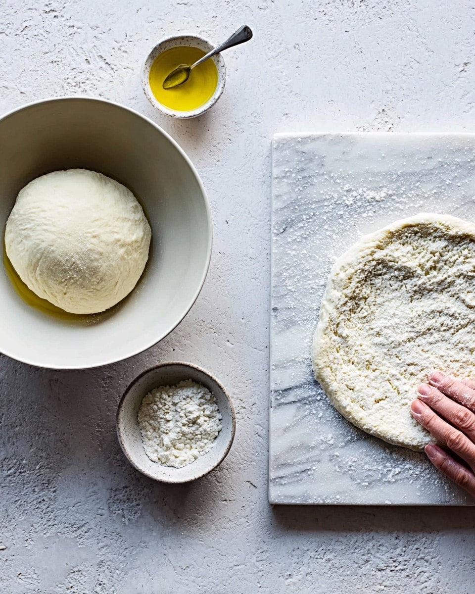 The image shows a scene of dough preparation with two main parts. On the left, there is a large white bowl that holds a round, soft dough ball. Next to it is a small white bowl filled with yellow olive oil and a silver spoon resting inside. On the right, there is a white marbled board with a small white bowl of flour above it. On the board, a round dough disk is being shaped by a woman's hand pressing along the edges, creating a slightly rough texture. The surface beneath all objects is a white marbled texture. Photo taken with an iphone --ar 4:5 --v 7