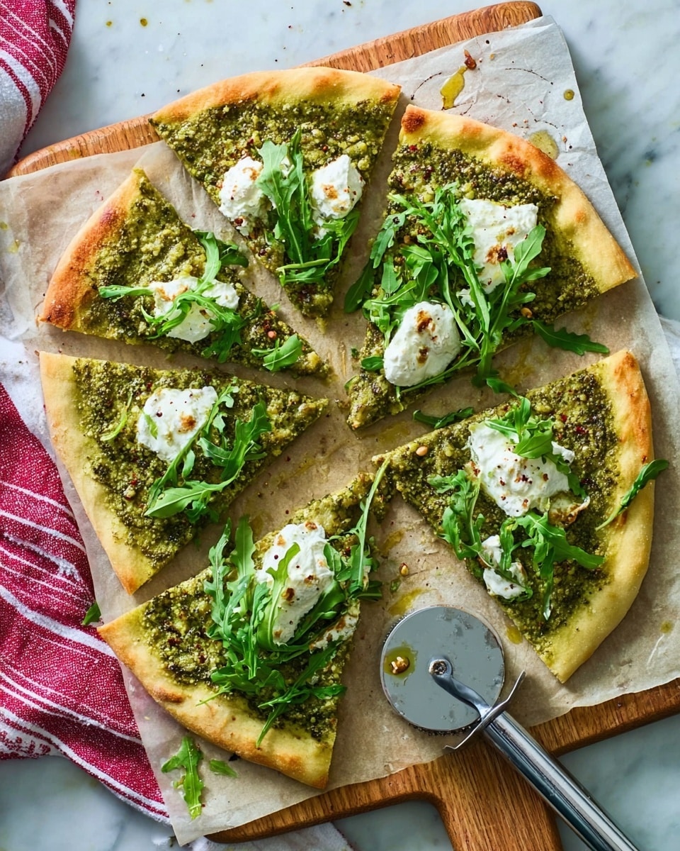 The image shows a pizza sliced into six pieces on parchment paper over a wooden cutting board. The pizza has a thin crust with a light golden-brown edge. The first layer is a green pesto spread smoothly over the base, covering the entire surface except the crust. On top of the pesto, there are scattered dollops of white creamy cheese and fresh green arugula leaves, adding texture and color contrast. A small amount of olive oil glistens on the top. A silver pizza cutter and a red-and-white striped cloth napkin are placed to the side on a white marbled surface photo taken with an iphone --ar 4:5 --v 7