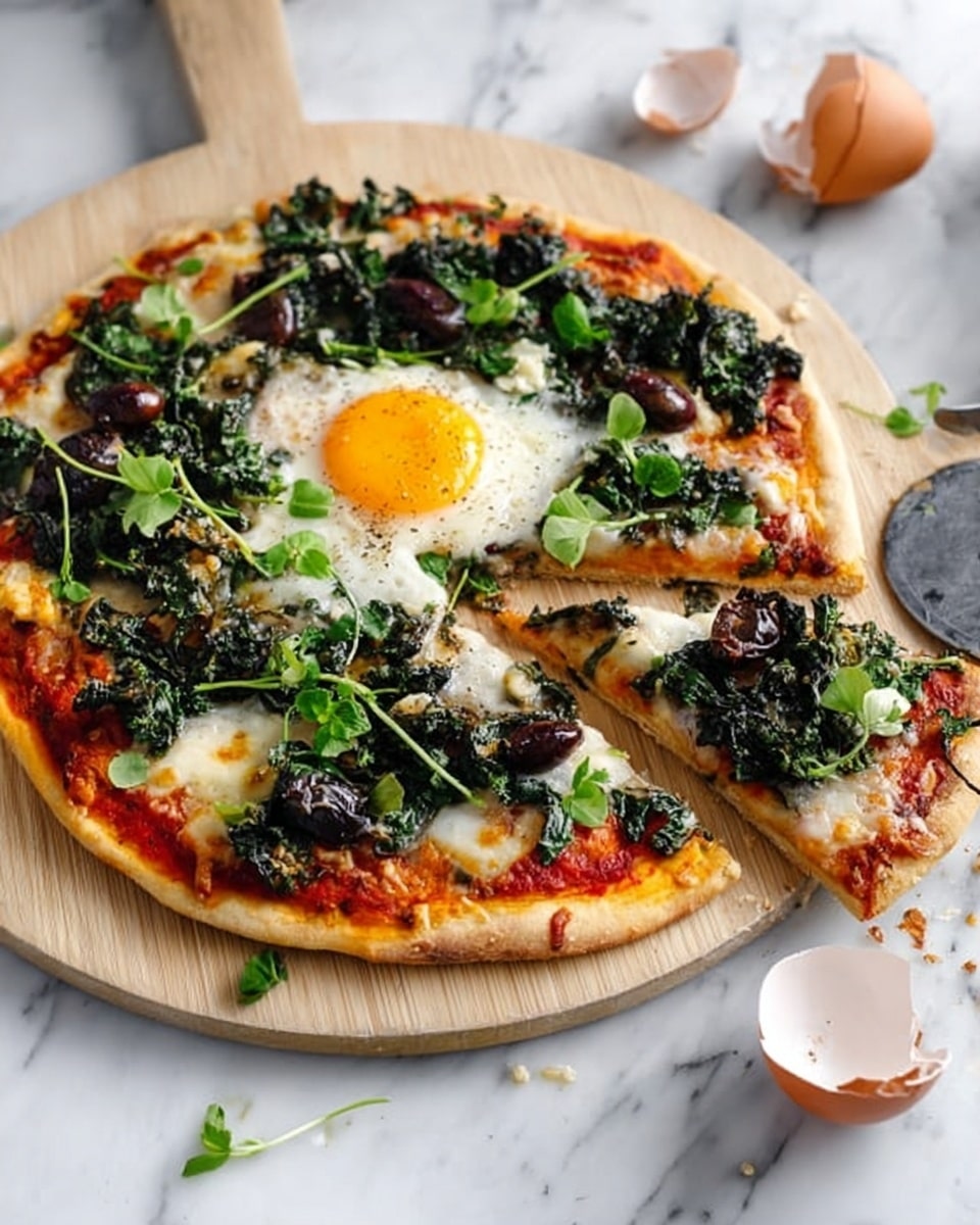 The image shows a round pizza with a crispy golden crust placed on a light wooden board, resting on a white marbled surface. The pizza has a base layer of red tomato sauce topped with melted cheese that peeks through. On top, there are dark green leafy vegetables and some black olives scattered around. In the center, there is a cooked egg with a bright yellow yolk, slightly runny and surrounded by white. Fresh green herbs and small leaves are sprinkled all over, giving a fresh look. A slice of the pizza has been slightly pulled out but still touching the rest. Nearby, a pizza cutter and cracked eggshells lie on the white marbled surface. photo taken with an iphone --ar 4:5 --v 7