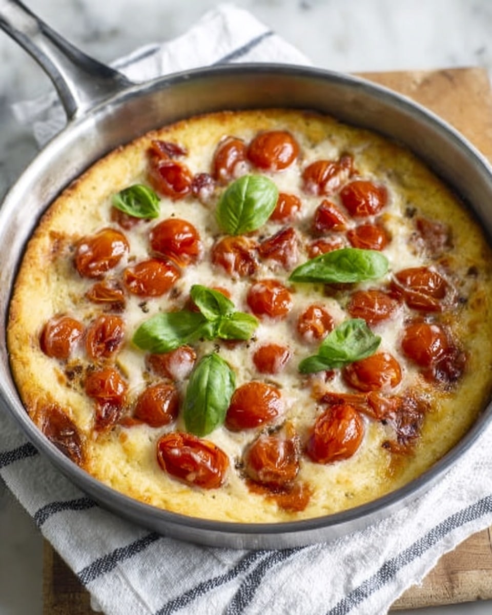 A small pizza with one thick golden crust layer baked in a round silver pan. The crust holds a layer of melted mozzarella cheese that is creamy white and slightly browned in spots. On top, there are many roasted cherry tomato halves that are red with a slightly wrinkled texture, scattered evenly. Bright green fresh basil leaves are placed on top as a final layer, adding a pop of color. The pan rests on a white cloth with thin grey stripes, all on a white marbled table. Photo taken with an iphone --ar 4:5 --v 7
