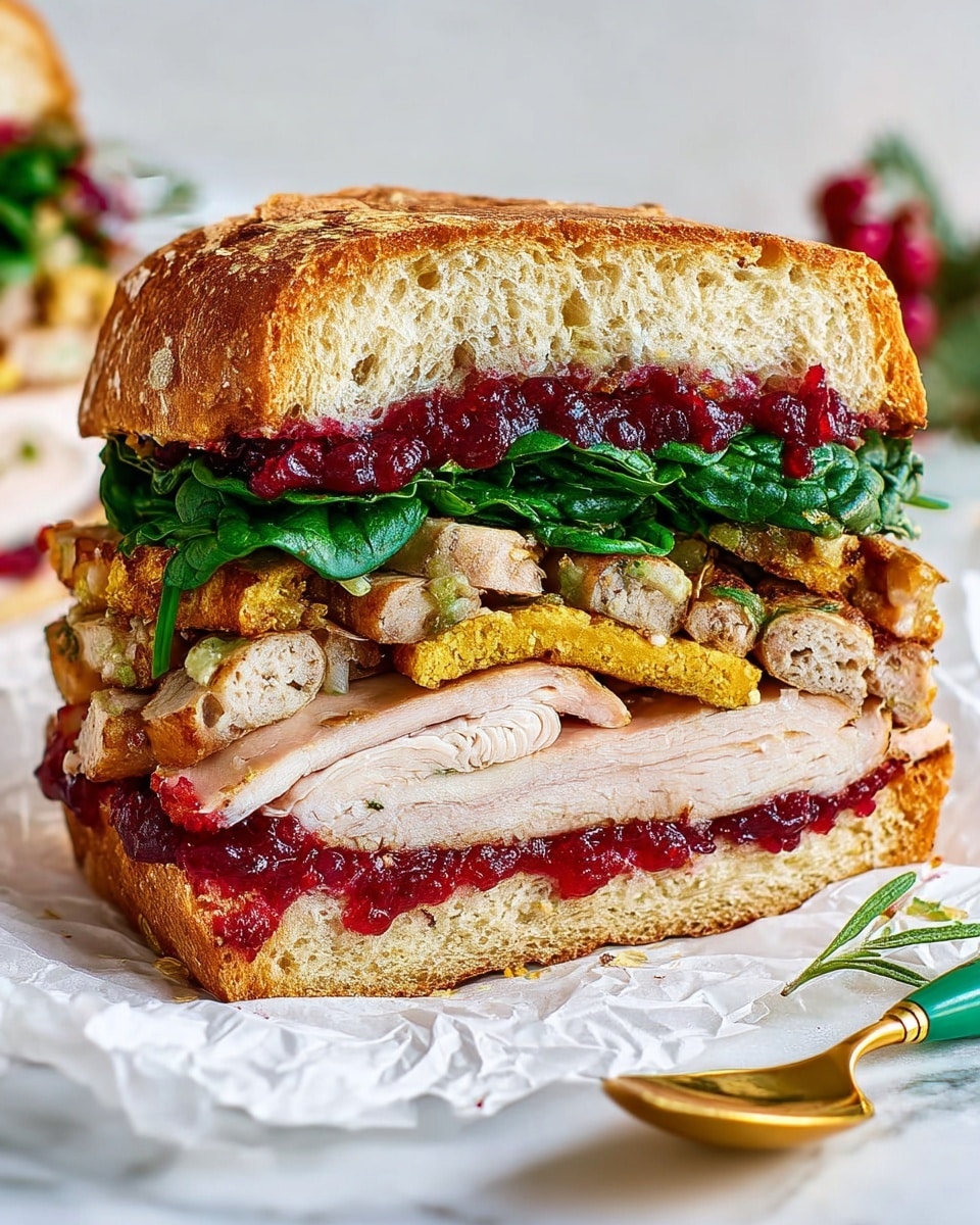 A thick sandwich cut in half showing multiple layers inside a soft, light brown bread loaf. The bottom layer has sliced turkey with a light pink tone, topped with several pieces of sausage that are gold and browned on the edges, spread with a thin layer of dark red cranberry sauce. Above this is a light brown stuffing layer. Next is a thick layer of dark green leafy spinach on top of the stuffing, followed by a thick slice of crispy golden brown turkey breast, another layer of dark green spinach leaves, and a generous dollop of bright red cranberry sauce. The sandwich is placed on white crumpled parchment paper on a white marbled surface, with a small gold spoon with a green handle beside it. photo taken with an iphone --ar 4:5 --v 7