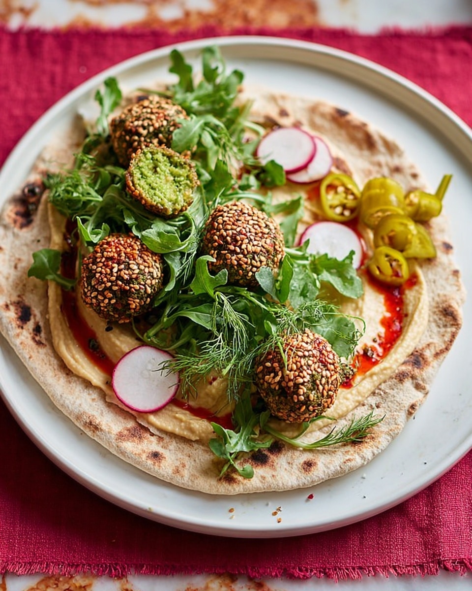 A white plate holds a flat, slightly charred flatbread as the base layer, topped with a smooth beige hummus spread, showing some red chili oil drizzled on one side. On this, there are four round falafel balls covered with light tan sesame seeds, one broken open revealing a bright green inside. Fresh green arugula leaves and dill sprigs are scattered across, along with thin slices of red-rimmed white radishes and a few small yellow-green chili peppers placed on the right side. The plate sits on a red cloth with a white marbled texture background. photo taken with an iphone --ar 4:5 --v 7
