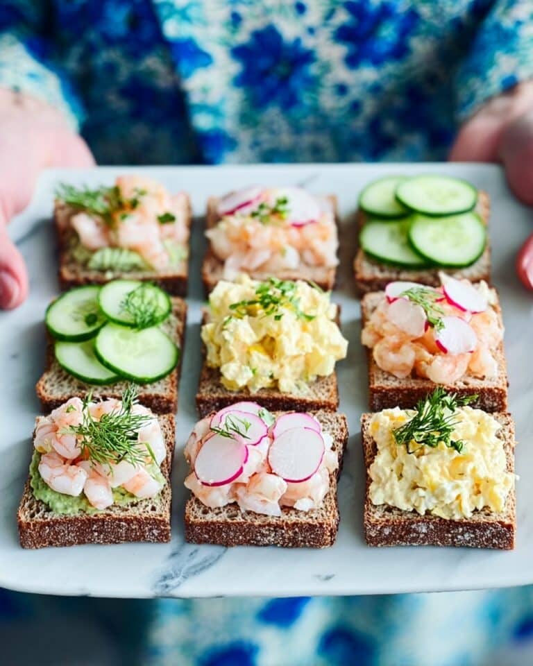 Loaded Open Sandwiches with Ham, Eggs, Prawns, and Fresh Vegetables Recipe
