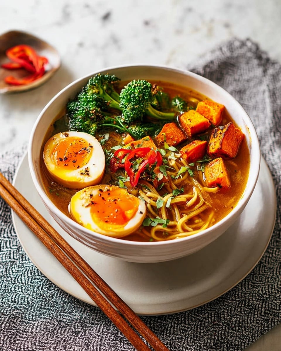 A white bowl filled with a rich golden-brown broth holds a layered dish with noodles at the bottom, topped with bright green broccoli florets on one side, two halves of a soft-boiled egg with orange yolks and black pepper placed near the top, and roasted orange sweet potato cubes scattered on the right side. Thin slices of red chili and green herbs add color on top. The bowl sits on a white plate with wooden chopsticks resting beside it on a gray patterned cloth, all placed on a white marbled textured surface. Photo taken with an iphone --ar 4:5 --v 7