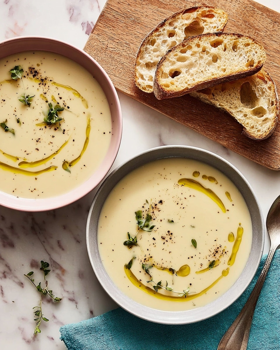 Two bowls of creamy beige soup with a smooth texture are placed on a white marbled surface. Each bowl has thin swirls of golden olive oil drizzled on top, along with small green herb leaves and a light sprinkle of black pepper, adding contrast and detail. The bowl on the left is light pink and the one on the right is light gray. Above the bowls, there are two slices of crusty bread with a golden-brown, uneven surface resting on a wooden cutting board. A silver spoon lies near the bottom right bowl on top of a folded teal cloth. Photo taken with an iphone --ar 4:5 --v 7