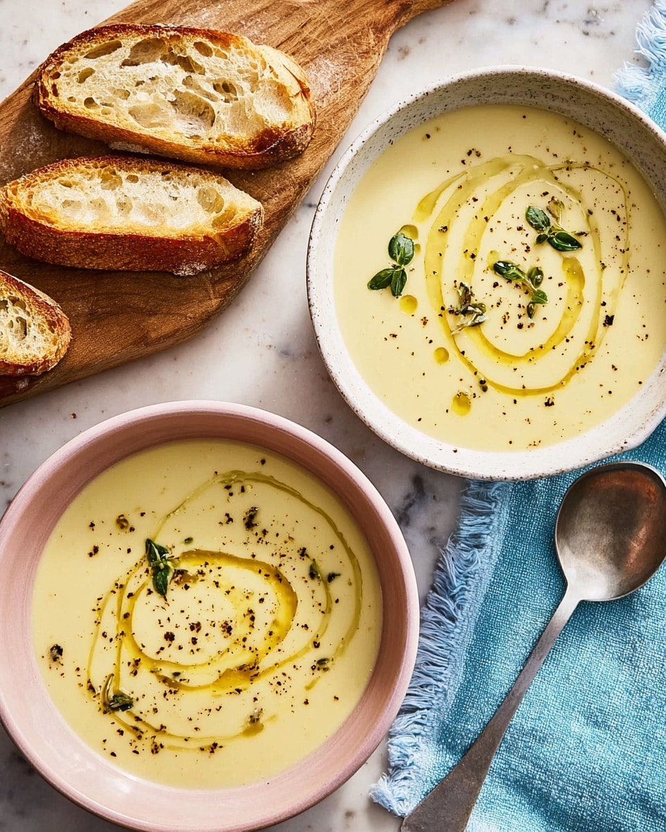 Two bowls of creamy light yellow soup are placed on a white marbled surface. The left bowl is soft pink and the right bowl is white, both filled with smooth soup decorated with spirals of olive oil, small green herb leaves, and a sprinkle of black pepper. Above the bowls, there are two slices of toasted bread with a golden brown crust and an airy texture, resting on a wooden board. Beside the right bowl, a silver spoon is placed on a soft blue cloth with frayed edges. photo taken with an iphone --ar 4:5 --v 7