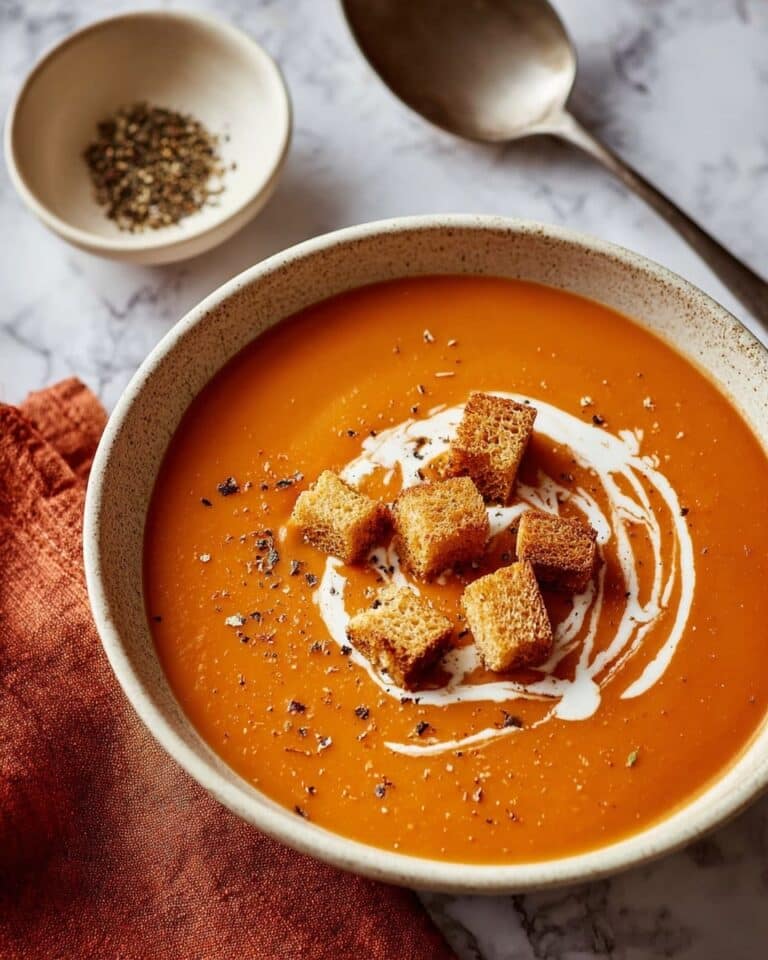 Roasted Red Pepper Soup with Crispy Croutons Recipe