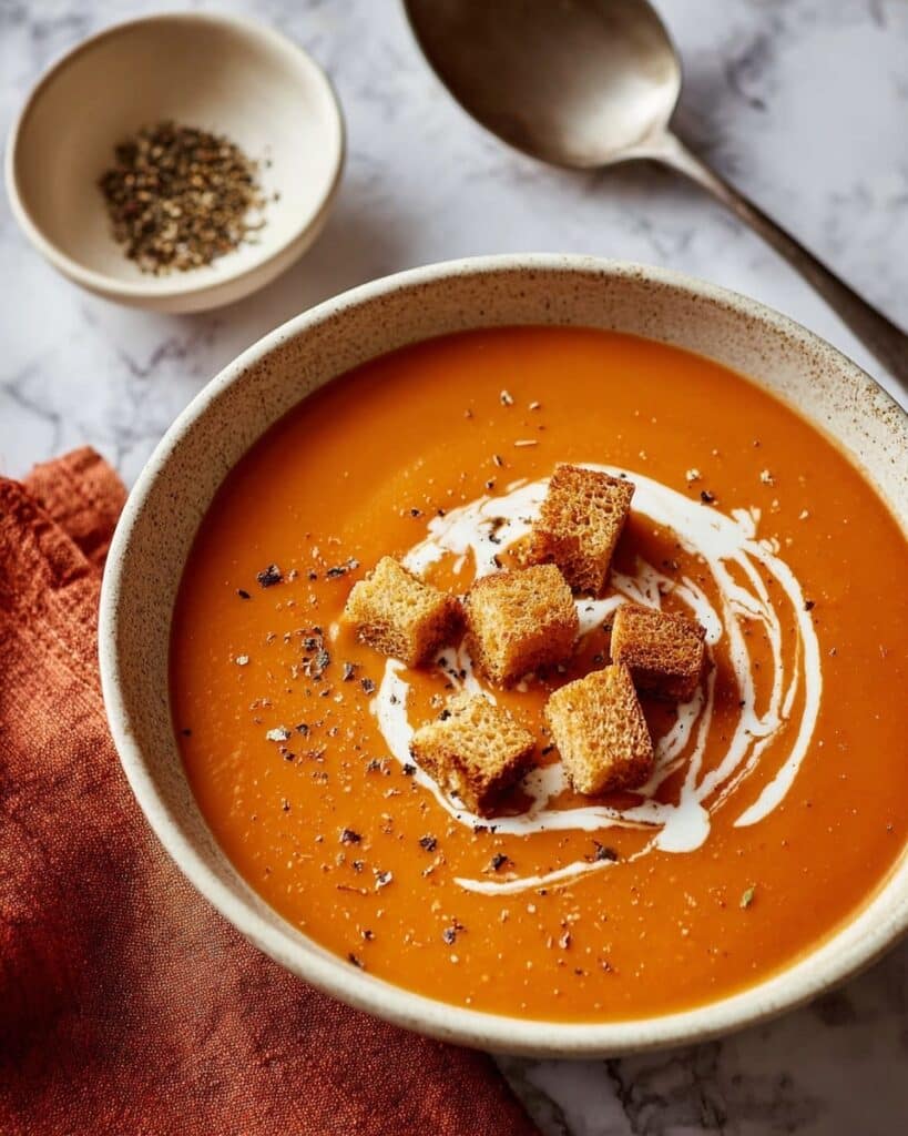 Roasted Red Pepper Soup with Crispy Croutons Recipe