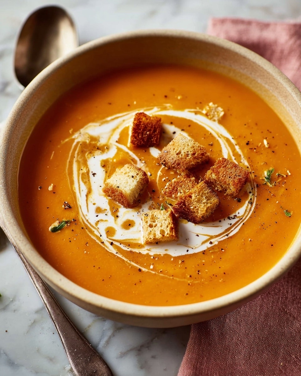 A bowl of smooth orange soup fills the light beige bowl, with a swirl of white cream on top forming a loose spiral pattern. Several golden-brown toasted croutons with a crunchy texture are scattered over the cream. A few small crumbs and specks of black pepper are sprinkled across the soup’s surface, adding slight texture. The bowl sits on a white marbled surface, with a silver spoon and a pink cloth napkin beside it. Photo taken with an iphone --ar 4:5 --v 7