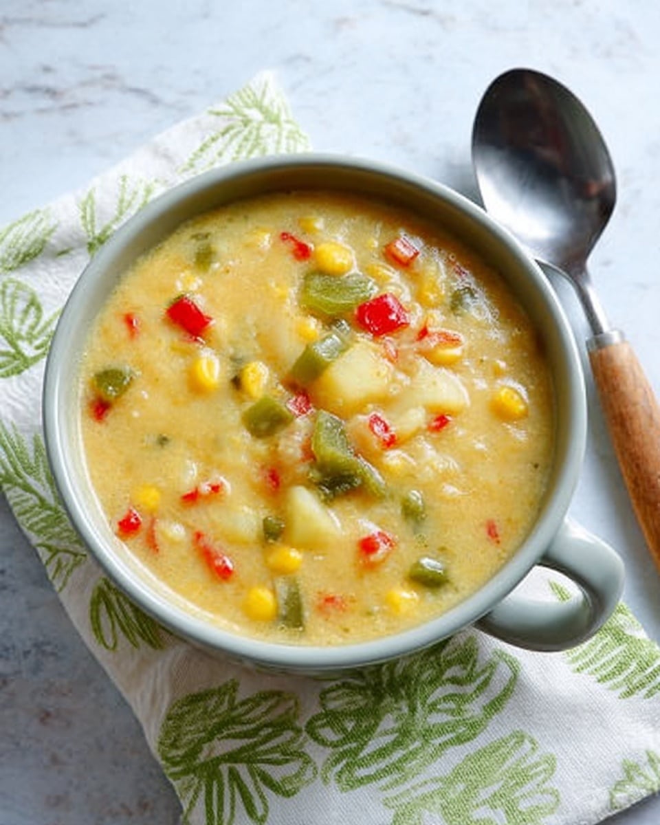 The image shows a bowl of thick soup placed on a white napkin with green leaf patterns, all set on a white marbled surface. The soup is creamy yellow with visible chunks of green bell peppers, red pepper pieces, corn kernels, and soft potato pieces scattered throughout. The bowl is white with a light grayish handle. Next to the bowl, there is a spoon with a brown wooden handle resting on the napkin. The scene looks bright and inviting, showing a wholesome, hearty vegetable soup. photo taken with an iphone --ar 4:5 --v 7