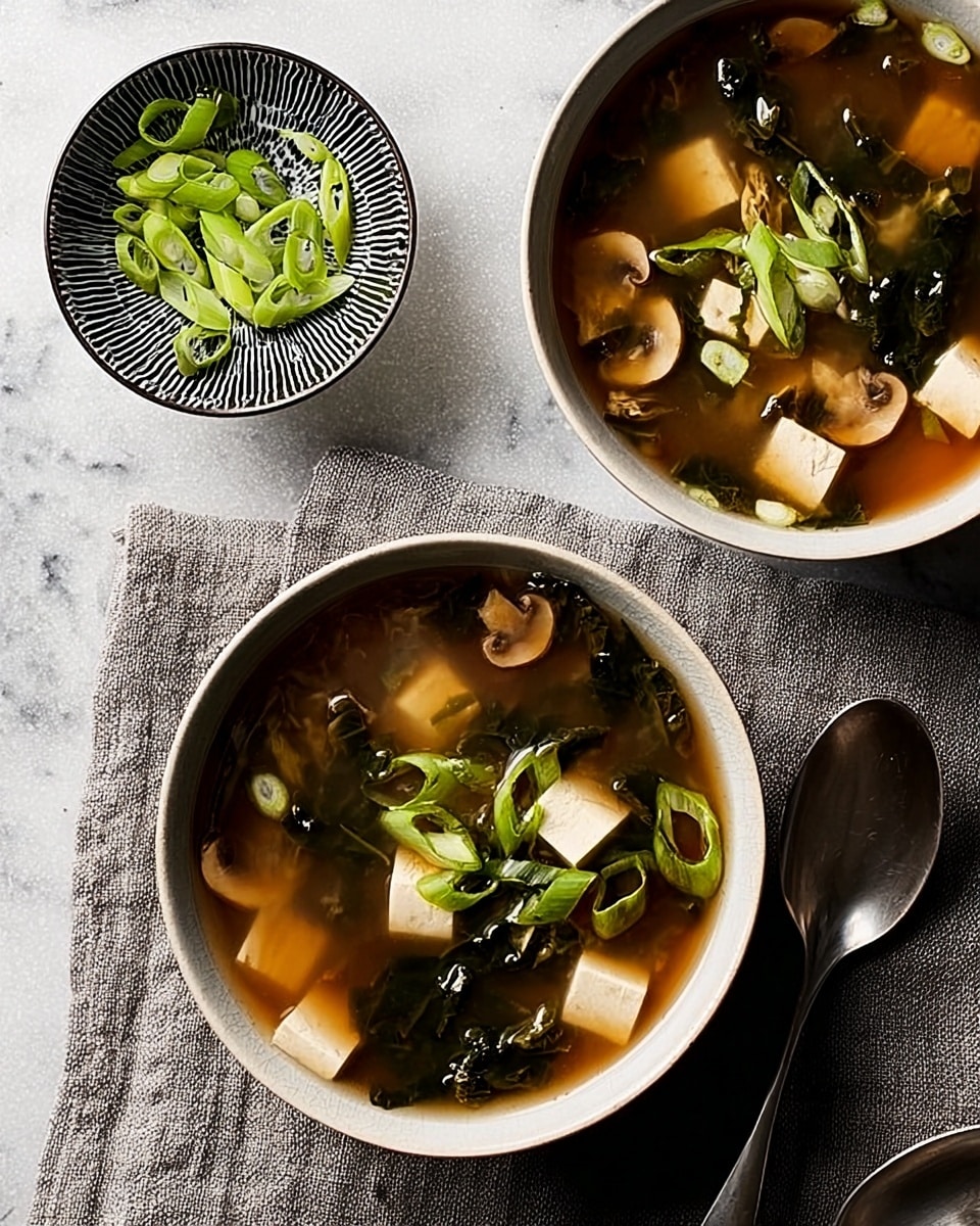 Two white bowls filled with clear brown broth contain small beige tofu cubes, dark green seaweed pieces, light brown mushroom chunks, and are topped with fresh green sliced scallions. The bowls are placed on a soft gray cloth on a white marbled surface, with a silver spoon beside each bowl. Nearby is a small black and white patterned bowl holding more sliced bright green scallions. The scene is softly lit with natural light, creating a warm and inviting feeling. Photo taken with an iphone --ar 4:5 --v 7
