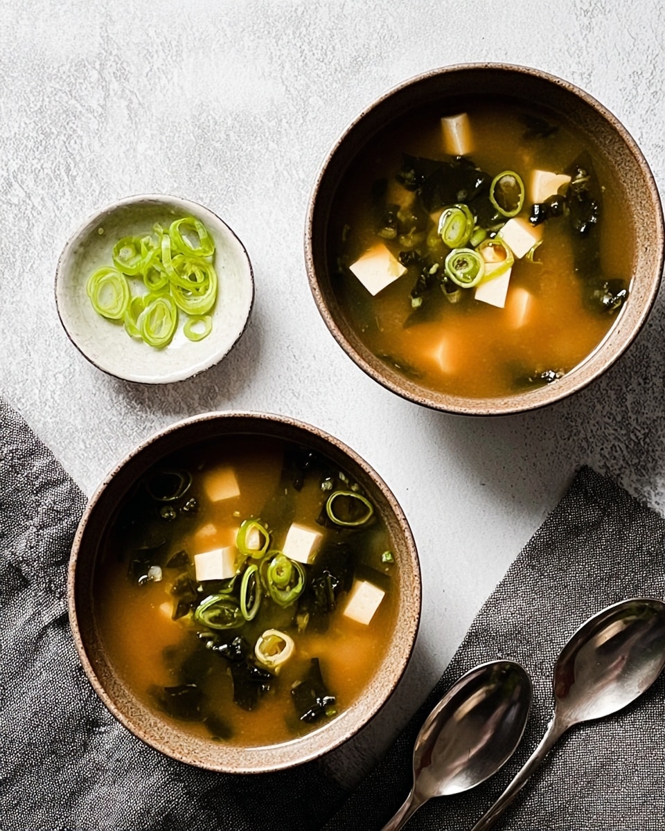 Two bowls of miso soup sit on a white marbled surface, each filled with light brown broth containing small white tofu cubes, dark green seaweed pieces, and green onion slices floating on top. The bowls are round with a neutral brown color and simple texture. Between the bowls, there is a small white bowl with thinly sliced green onions. A silver spoon rests to the right side of the upper bowl, while another silver spoon is on a gray cloth to the left side of the lower bowl. The setting is simple and clean with soft, natural lighting. Photo taken with an iphone --ar 4:5 --v 7