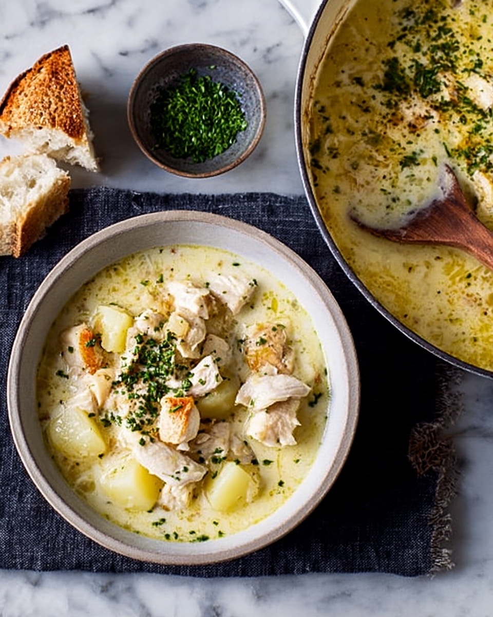 A white bowl filled with creamy chicken and potato stew, showing soft white chunks of chicken and tender potato pieces in a thick yellowish white sauce, sprinkled with green herbs on top. Next to the bowl, a white pan contains more of the same stew, with the sauce bubbling slightly and a wooden spoon resting in it. A piece of torn bread lies nearby, along with a small dark bowl of chopped green herbs, all placed on a white marbled surface with a dark cloth partially underneath. Photo taken with an iphone --ar 4:5 --v 7