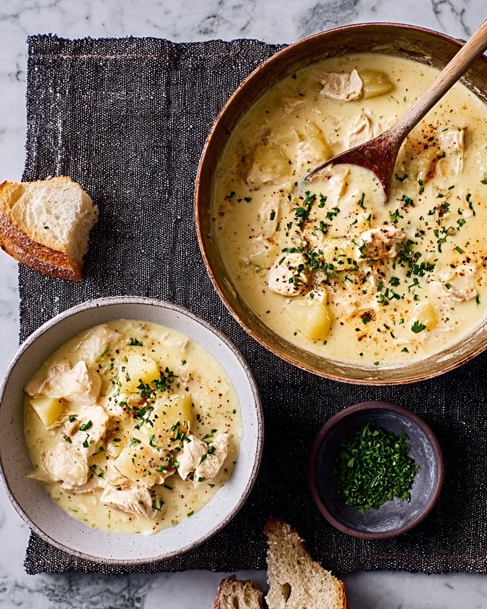A creamy dish is shown in a light brown pan and a white bowl, both filled with a thick, pale yellow sauce with small soft pieces of chicken and diced potatoes scattered throughout. The pan has a wooden spoon resting in the sauce, partially covered with the creamy mixture that has a few black pepper flakes on top. The bowl is sprinkled with finely chopped green herbs, adding a fresh touch. A torn piece of crusty bread sits next to the bowl, and a small dark bowl with more chopped herbs is nearby on a white marbled surface. A textured dark cloth lies under the bowl and part of the pan. Photo taken with an iphone --ar 4:5 --v 7