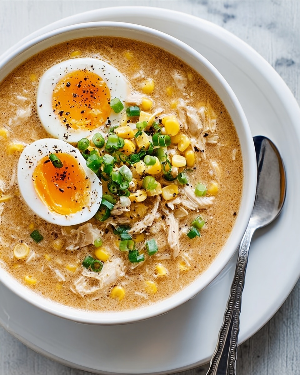 A bowl of thick soup filled with shredded chicken, corn kernels, and small bits of green onion, all mixed in a creamy light brown base. On top, two halves of a soft-boiled egg with bright orange yolks sit prominently. The soup is sprinkled with freshly ground black pepper and chopped green onions, adding color and texture. The white bowl is set on a white plate with a silver spoon resting on the right side, all placed on a white marbled surface. photo taken with an iphone --ar 4:5 --v 7