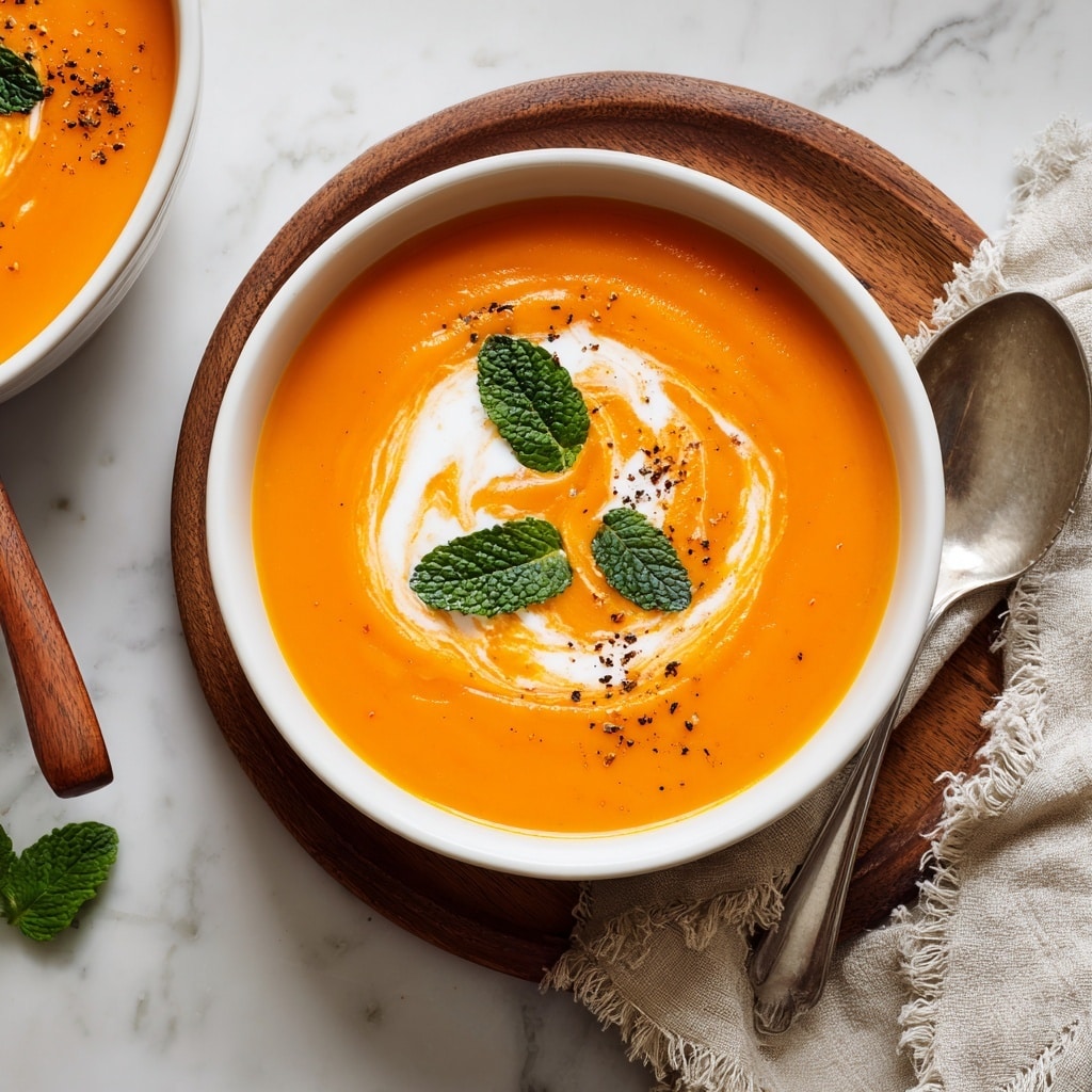 The image shows a white bowl filled with thick orange soup placed on a wooden board on a white marbled surface. The soup has a smooth texture with a swirl of white cream on top, sprinkled with black pepper. There are three green leaves arranged in the center of the soup. Next to the bowl, there is a silver spoon and a beige cloth with frayed edges. Part of another white bowl with the same soup and a woman's hand holding a wooden spoon is visible in the top left corner. Photo taken with an iphone --ar 4:5 --v 7